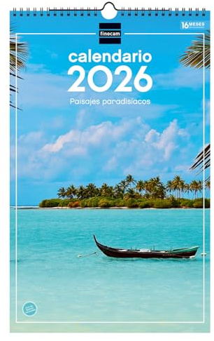 Finocam - Calendrier mural 2026 25x40 cm Vue mensuelle Janvier - Décembre 2026 + Sep.- Déc. 2025 (4 mois) réduits | Calendrier 2026 | Images de paysages paradisiaques - Español