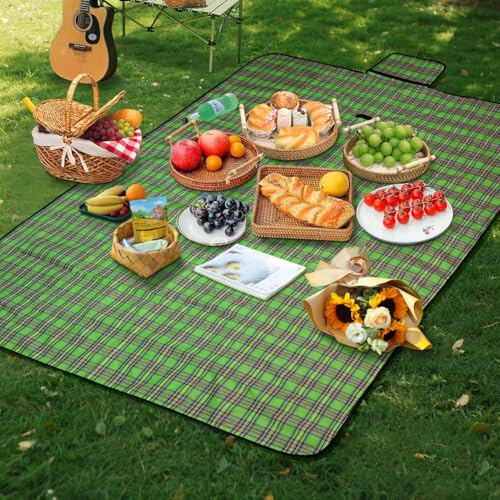 Alaoo Picnic Blanket,Extra Large Waterproof Picnic Mat with Carrying Handle Foldable and Portable 150CM X 200CM, Camping Blankets for Camping, Park, Garden, Beach, Outdoor,Green Stripes