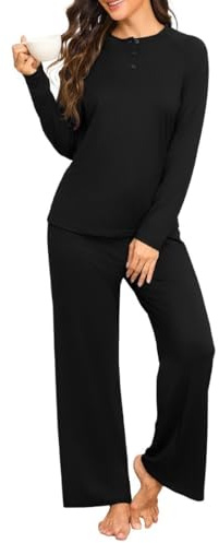 PrinStory Set Pigiama Donna a Maniche Lunghe Henley Pjs Pantaloni a Gamba Larga Abbigliamento da Notte con Tasche, Nero , M