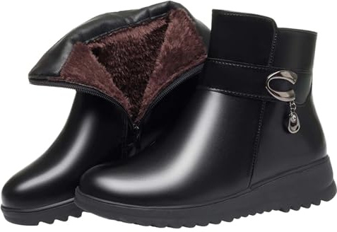 UK 5 Women's Black Low Wedge Heel Ankle Booties Faux Fur Lined Elegant Boots Soft Leather Side Zipper Sparkling Rhinestones Winter Warm Thickening Snow Boot Footwear Black 5