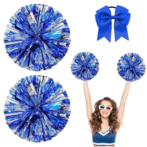 LIULINY 3 Pezzi Pon Pon Cheerleader, Pom Pom Cheerleader con Anello Doppio Foro Include 1 Cerchietto con Fiocco, Blu Mescolato con Argento Cheerleading Poms per Appassionati Balli Sport Calcio