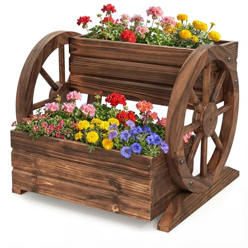 GOPLUS Jardinière sur Pieds à 2 Étagères en Bois de Sapin, Carré Potager avec Trous de Drainage, 2 Roues Charrette Décoration, 44x46x35 CM, Herbe, Fleur pour Terrasse, Balcon, Jardin, Marron