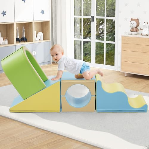 gonew21 Bloques de espuma 6 en 1 con arco para gatear y tobogán de olas, para interior y juguete de motricidad, bloques suaves de poliuretano impermeables con a partir de 1 año, promueve el equilibrio