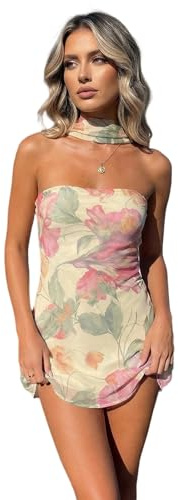 Women Summer Y2K Mini Dress Strapless Backless Flower/Solid Slim Fit Tube Dress with Scarf