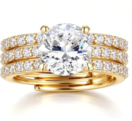 LOLIAS Three-in-One Gold/Silver Rings for Women Adjustable Waterproof | Rings Set Women Round/Square Cubic Zirconia Non Tarnish Halo Diamond Engagement Promise Eternity Wedding Ring for Women