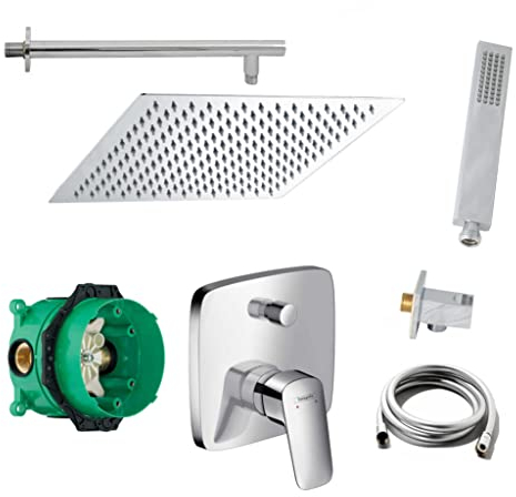 vanvilla Duschsystem mit Unterputz Duscharmatur von Hansgrohe Logis und vanvilla Regendusche mit Armatur, Duschkopf 30x30 cm, Dusch-SET HG01 poliert