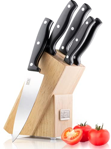 5 Piece Knife Set with Compact Wooden Knife Block - Premium Stainless Steel Kitchen Knife Sets from Taylors Eye Witness. Professional Chef Standard Kitchen Utensils Razor Sharp Blades Black and Silver