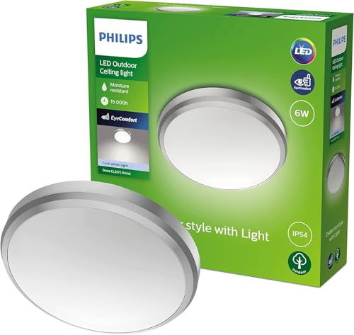 Philips - Plafón Philips Doris, lámpara de techo LED de exterior, color níquel, luz blanca neutra, 6W