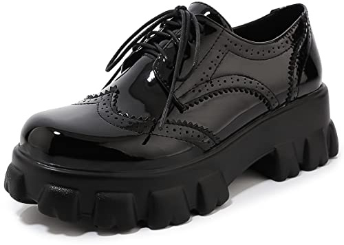 KOKOMOMO Damen Schnürschuhe aus Lackleder, Plateau-Oxfords, klobige Schnürschuhe, Gothic-Schnalle, Schuhe, 1 Schwarz, 42.5 EU