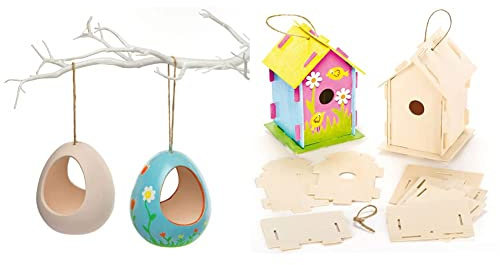 Baker Ross AR267 Bird Feeders for Crafts - Pack of 2, Ceramic Painting Art Activities for Kids & EF665 Wooden Birdhouse Kits (Pack Of 2) For Kids To Make & Decorate