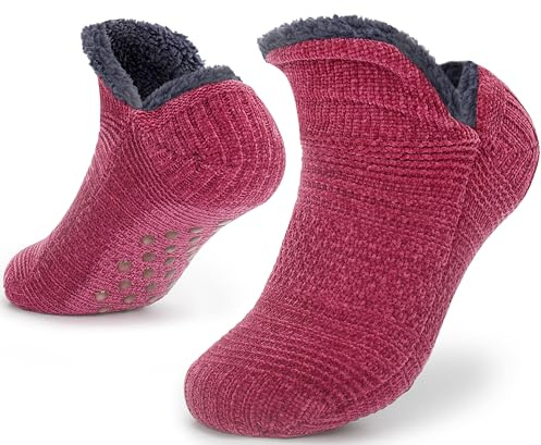 Tolumo Slipper Socks for Women Men Warm Holding Sock Non Slip Knitted Thick Lined Cosy Winter Fluffy Bed Slippers Suitable for Indoor Home House Floor XNR RedWine