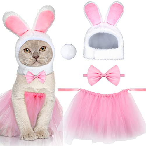 4 Pcs Bunny Costume Set for Cat Small Dog - Rabbit Hat with Ears, Pet Headband, Lace Tutu Skirt with Tail and Bow for Easter Party Costume Accessory