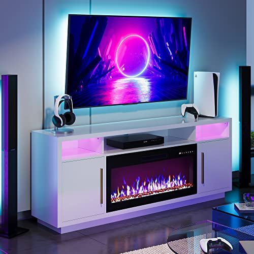 BELLEZE - Soporte de TV para Chimenea de 70 Pulgadas para televisores de hasta 75 Pulgadas, Centro de Entretenimiento con luz LED con Chimenea eléctrica de 36 Pulgadas, gabinete de Almacenamiento,