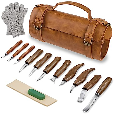 TEKCHIC Schnitzmesser, Deluxe Schnitzwerkzeug Set, Schnitzset für Anfänger, Schnitzmesser Holzbearbeitung Holzschnitzwerkzeug Set mit großem Lederetui