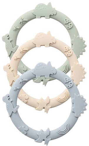 YIVEKO Silicone Teethers for Babies 0-6 6-12 Months Teething Toys for Infants Baby Chew Toys for Sucking Needs Baby Teething Rings for Infant Boys and Girls 3 Pack-Dinosaur-Blue