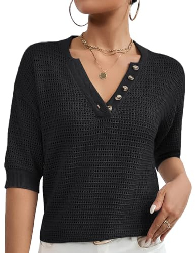 LANGWEI Pull Tricoté À Manches Courtes Et Col en V pour Femme Haut Ajouré Décontracté Été,Noir,XS