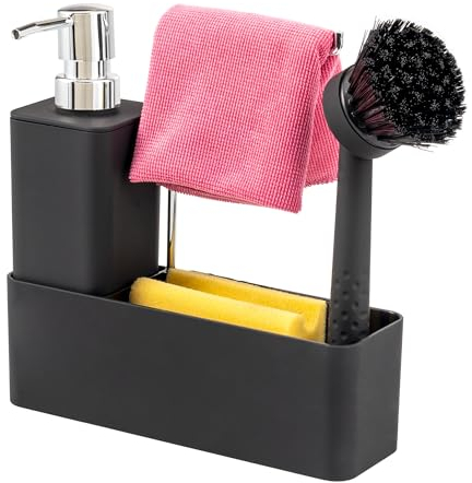 eluno Organizador de Fregadero con Superficie Suave al Tacto para Cocina y baño, Soporte, dispensador de jabón, Cepillo lavavajillas, Incl. Cabezal de Cepillo de Repuesto y Bomba, Negro