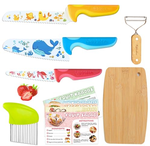 Kibbidea Set di coltelli da cucina per bambini, 7 pezzi, in acciaio inox, per tagliare frutta o verdura, coltello da cuoco, coltello da frutta, pelapatate, coltelli per bambini dai 3 anni in su