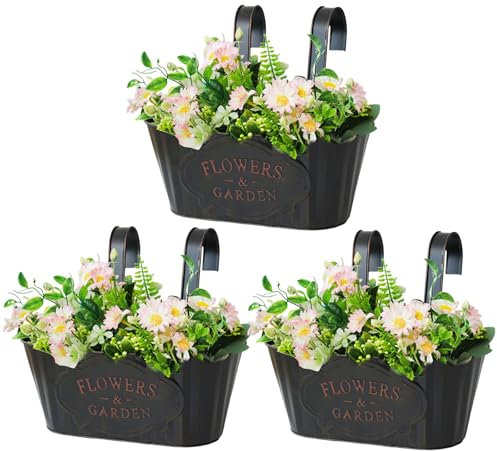 3pcs Large Hanging Flower Pots, Metal Hanging Plant Pots Flower Bucket Fence Planters Indoor/Outdoor for Railing Balcony Garden Home Decoration with Detachable Hook (3PCS-Black)