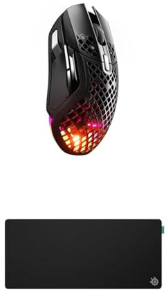 SteelSeries Aerox 5 Wireless - Holey RGB Gaming Mouse - Ultra-light Water Resistant Design - 18K DPI TrueMove Air Optical Sensor QcK XL Performance Balance Gaming Mousepad 900x400mm