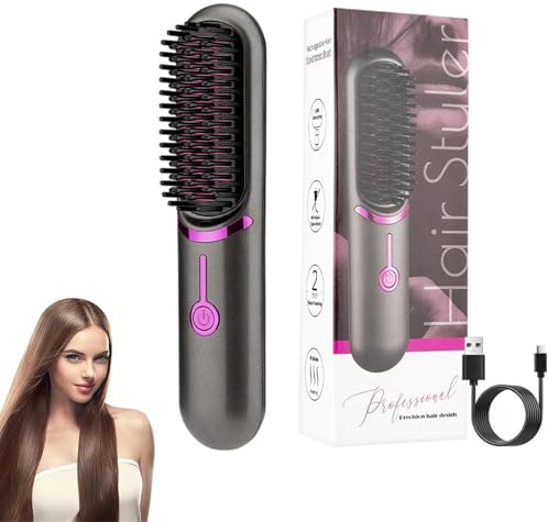 Peigne Chauffant, Brosse lissante sans fil, portable et pratique pour les voyages, rechargeable par USB, 5 400mAh, ion négatif, chauffante, pour femmes et hommes (Noir)