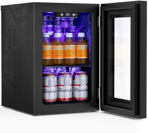 18L Beverage Refrigerator Cooler 24Can, Mini Fridge with Quiet Compressor, LED Light,Freestanding Small Fridge with Electronic Temperature Control for Home and Bar(40-61 ℉)