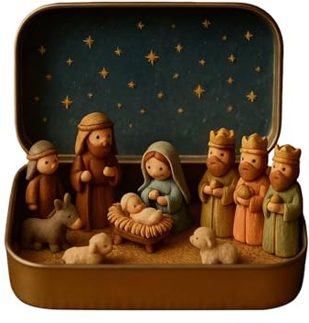 Mini presepe di Natale in una scatola di latta, ornamento portatile tascabile della Nascita di Gesù, minuscole statuette in resina della Sacra Famiglia con pecore e Gesù, decorazione interna natalizia