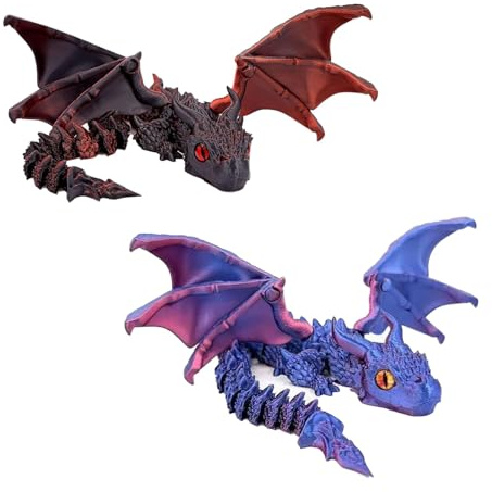 2Pcs 30cm 3D Printed Articulated Dragon Toys, Fantasy Wyrm Models, Cool Fidget Toys for Desk Decor, Surprise Gift for Adults(Black Red & Laser Purple)