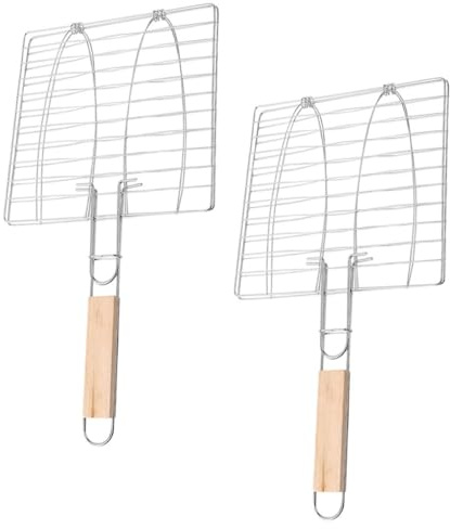 HOMOCONO Parrilla Rodaballo para Barbacoa Cesta para Asar Pescado y Herramienta para Asar Carne de Hierro y Madera, Fácil de Operar, Paquete de 2 Piezas Adecuado para Barbacoa en Casa