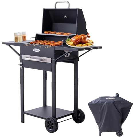 HOMAVO Barbacoa carbón con tapa y funda protectora, Parrilla 2 en 1 compacta para balcón, Termómetro integrado, Mantener caliente, Lista para uso exterior y almacenamiento