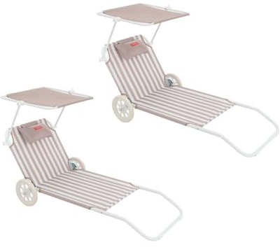 Flamingueo Uppsättning av 2 solstolar – strandstol – 5 positioner – justerbart parasoll UPF 50+ – ergonomisk kudde – kan omvandlas till transportvagn – beige