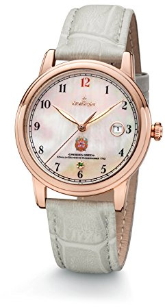 Kronsegler Dresden Green II Damenuhr Rose - perl | rosévergoldeter Edelstahl – Perlmuttzifferblatt – grüner Diamant – Lederarmband hellgrau
