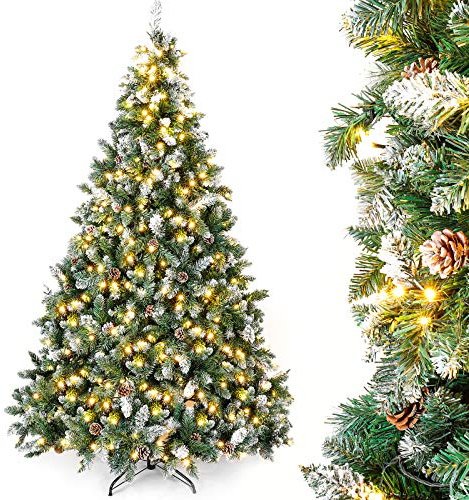 Yorbay Albero di Natale, con LED e Neve, Pigne e Supporto, Albero Natalizio Artificiale Innvevato, per Decorazioni Natalizie (150cm)