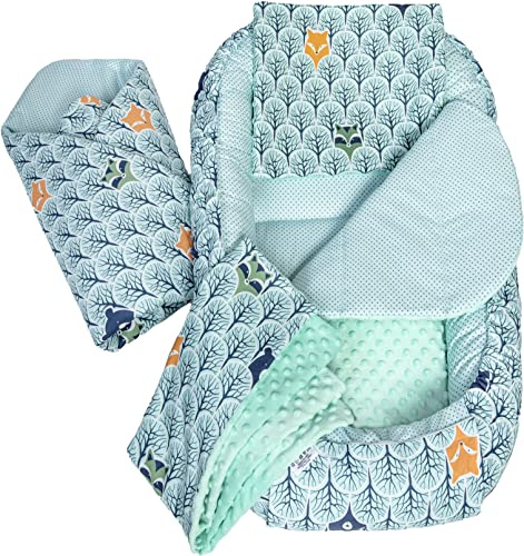 Medi Partners Babynest Nestchen Baby Set für Neugeborene - 100x60x15 Kuschelnest 5 teilig tragbar Nest zweiseitig Babynestchen Bett 100% Baumwolle (Wald mit Minzer Minky)
