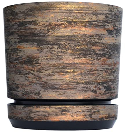 KORAD Vaso da fiori con sottobicchiere integrato - Decoro 032 - corteccia ruggine, diametro 14 cm - Vaso per piante in plastica di alta qualità - Pentola di piante decorativo con fori di drenaggio