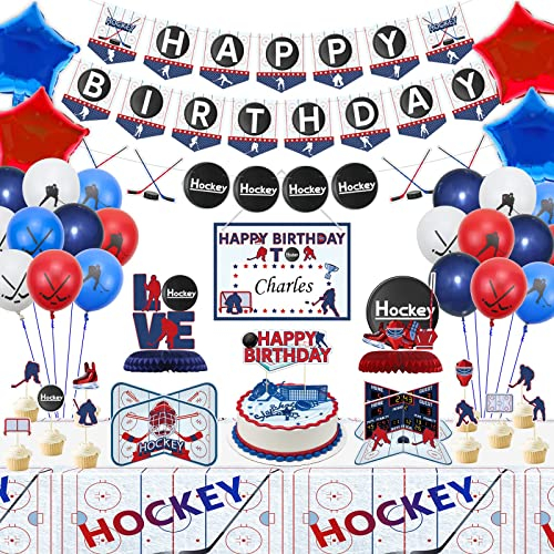 Hockey Dekorationen - Happy Birthday Banner, Tischdecke, Tischaufsteller, Cake Toppers, Ballons für Kindergeburtstag und Sport Party