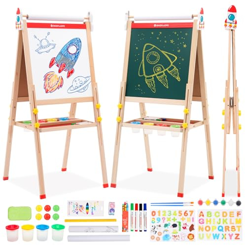 3 in 1 Kinder Staffelei,Höhenverstellbar Kinder Spiel-Tafel aus Holz,Faltbare Doppelseitige Kunststaffelei für Kinder mit Zeichenrolle Kinder zum Ausmalen,Papierrolle, Kindertafel für ab 3-16 Jahre