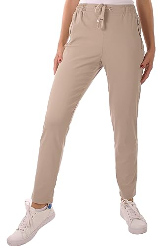 FASHION YOU WANT Damen Hose Stretch Sweatpants Jogginghose für Freizeit Gr.36-54 Schlupfhose mit elastischem Bund, mit Kordelzug (46, beige)