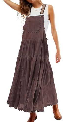 Women's Casual Lace Embroidered Maxi Dress Adjustable Strap Pleated Tiered Swing Long Dress with Pockets (Medium,Coffee)