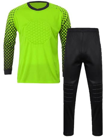 ZUYPSK Jungen Fußball Torwart Trikot Set Sportshirt und Sporthose Gepolstert Langarm Schutz Ausrüstung Anzug (DE/NL/SE/PL, Numerisch, 140, Regular, Grün)