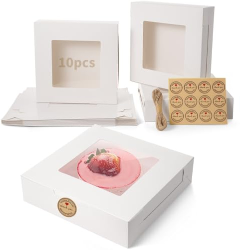 byepica 10 cajas para tartas, embalaje de panadería de 10 x 10 x 2.5 pulgadas con ventanas, recipientes de regalo de cartón blanco con 12 calcomanías y cordón de cáñamo, almacenamiento cuadrado para