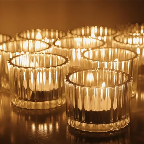 Vohocandle 12 Stück Teelichthalter Glas für Heimdekoration, Gerippte Teelichtgläser Vintage für Weihnachtsdekoration, Clear Kleine Teelichter Glas für Hochzeit und Geburtstagsparty (5 cm × 3,5 cm)