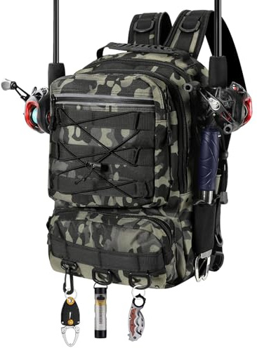 MoKo Fishing Backpack Sling Bag with Rod & Gear Holder, Nylon Waterproof Fishing Tackle Storage Bag for Camping, Hiking, Hunting, Ideal Gifts for Men Father, Green Camouflage