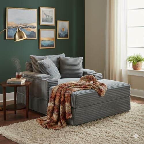 Tassullo Oversized Indoor Lounge Chaise Chair with Ottoman, Wide Corduroy Upholstered Sofa Chaise Pocket Spring Cushion, Cozy Living Room Chair with Storage Armrest & Cupholders (Grey)