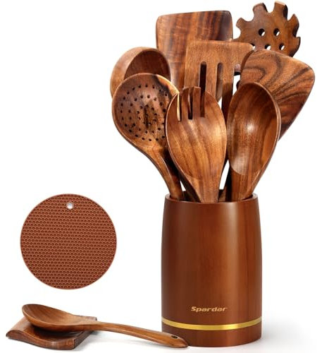 Spardar Ustensiles de cuisine en bois 12 pièces avec 9 cuillères en bois de teck, repose-cuillère, maniques, porte-ustensiles de 8,9 cm, comme décoration de cuisine et cadeau de pendaison de