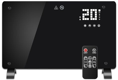DONYER POWER 1500W Konvektor-Heizung, ultradünne Wandmontage oder freistehend, 24H Timer-Fernbedienung, schwarze Glasscheibe