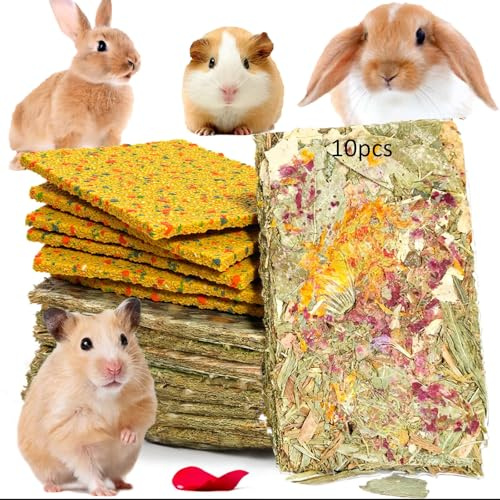 NSWXZDS Rabbit Toys 10pcs 2 in 1 Bunny Crisp Treat Guinea Pig Chew Snack for Cleaning Teeth Enrichment Timothy Hay Chips Hamsters Molar Food for Chinchilla Gerbil Rat Indoor Dental Care Boredom (4+6)