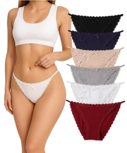 6 Pack Silky Women Underwear Set Lace Trim Cotton Linning Brazilian Knickers Low Rise Hipster Ladies Underpants Comfy Sexy String Bikini Panties Multipack (UK, Alpha, L, Plus, Regular, 6 Colors)