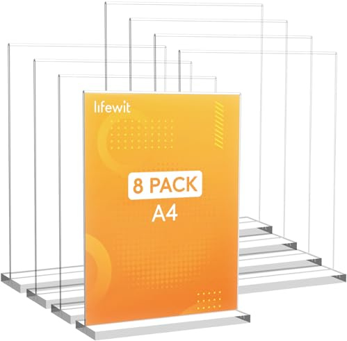 Lifewit 8 Pack A4 Soporte Acrílico para Carteles, Soporte Vertical Transparente de Doble Cara, Marco de Fotos de Plástico, Pantalla de Papel para Recepción, Oficina, Restaurante, Hotel, 30 x 21 cm