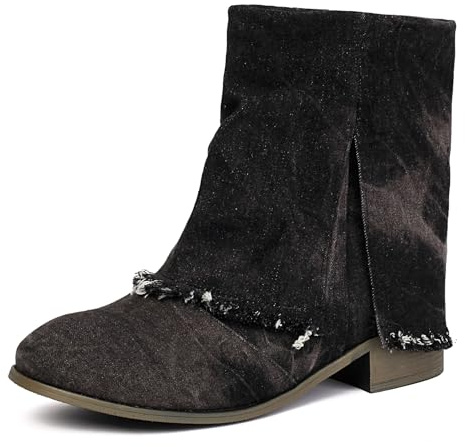 Lizoleor Concise Denim Tacco a Blocco Punta Rotonda Donna Stivaletti con Risvolto Comodo Tacco Medio Senza Chiusura Low Stivali da Vestito Nero Numero 41 EU/43Cn